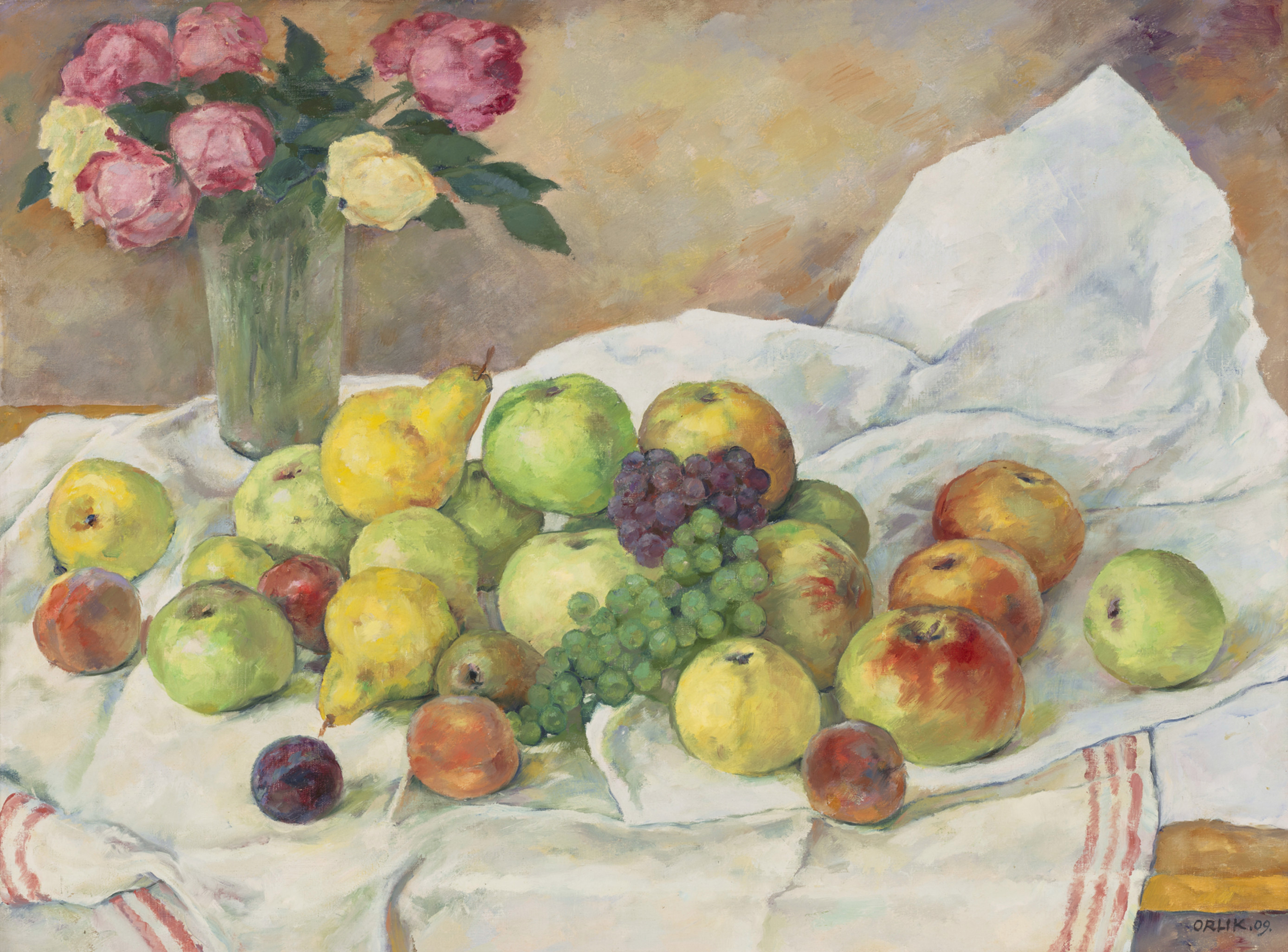 Fruit and roses on a table